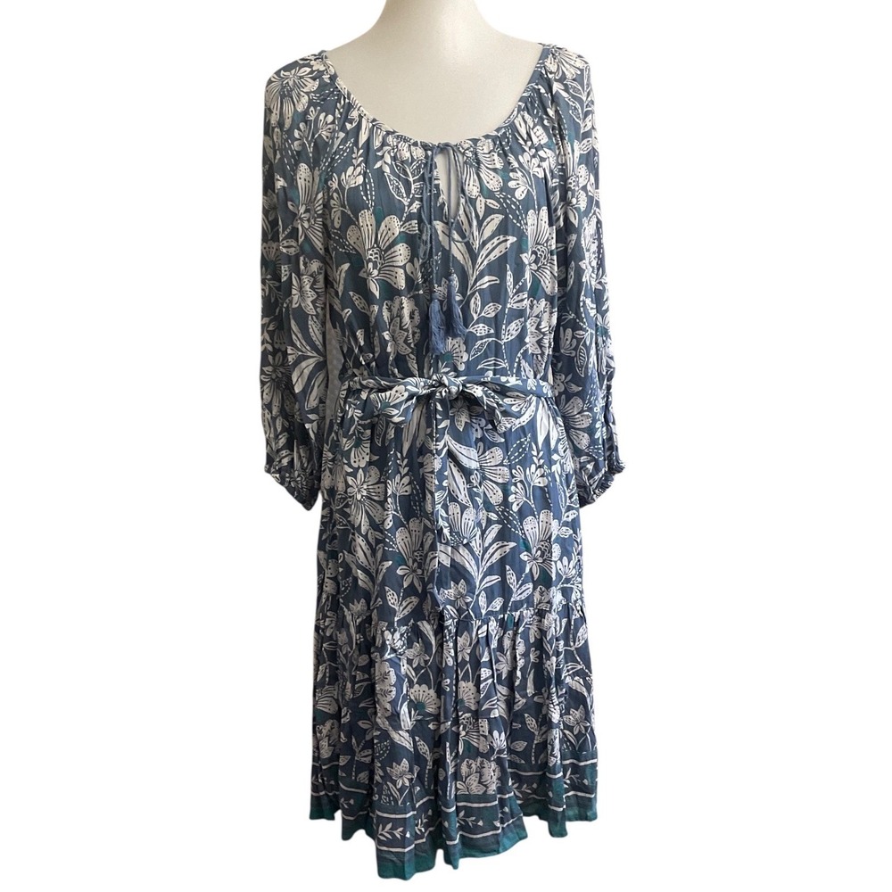 Bunulu Floral Boho Midi Dress Womens Medium Blue White